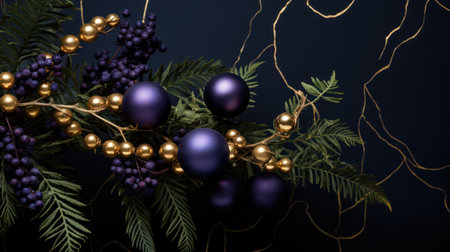 Christmas tree branch with purple balls and berries on dark blue background. 3d illustrationの素材