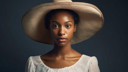 Fashion portrait of young african american woman in hat.の素材