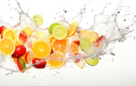 Fruit splashing in water on white background, close-upの素材