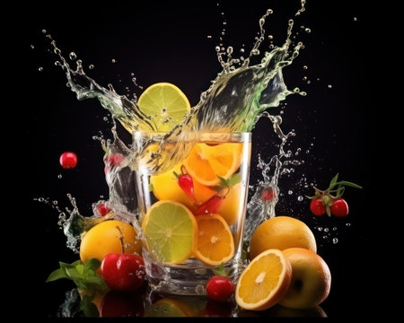 Citrus fruits with water splash on black background, closeupの素材
