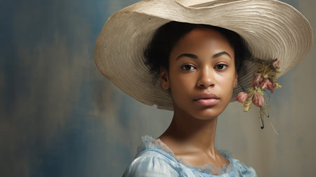 Portrait of beautiful african american woman in hat and dressの素材