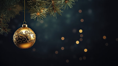 Christmas tree branch with golden ball and bokeh lights on dark backgroundの素材