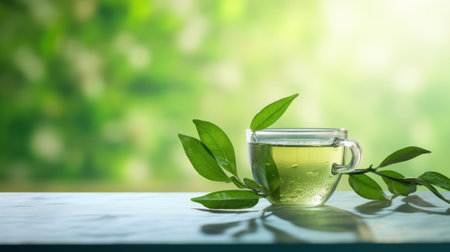 green tea in glass cup with fresh green tea leaves on wooden table with bokeh backgroundの素材