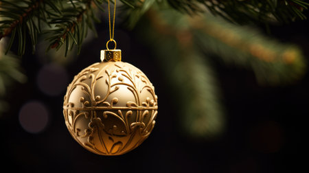 Golden Christmas ball hanging on a branch of a Christmas tree with bokeh backgroundの素材
