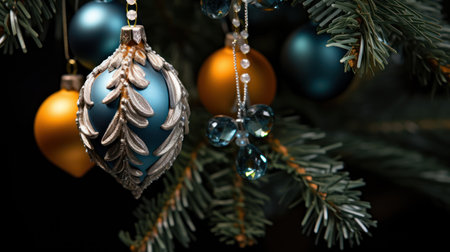 Christmas decoration with blue and gold baubles on spruce branchesの素材