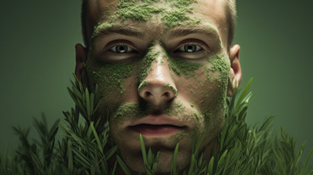 Young man with green clay mask on face and green grass around him.の素材