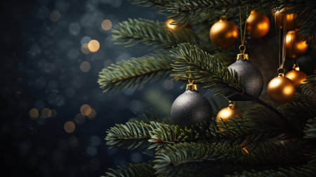Christmas tree decoration with golden baubles on dark bokeh backgroundの素材