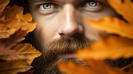 Close-up portrait of a man with a long beard and mustache on a background of autumn leavesの素材