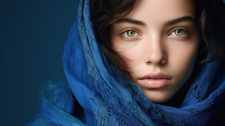 Portrait of beautiful young woman in blue scarf. Studio shot.の素材
