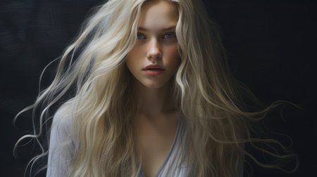 Portrait of a beautiful girl with long blond hair on a black backgroundの素材