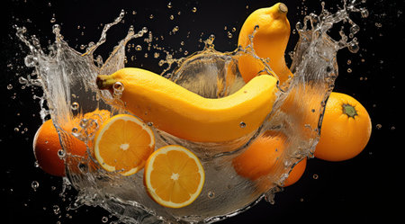 Fresh fruits in water splash on black background. Orange, banana and tangerineの素材