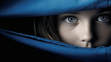 Close-up portrait of a beautiful young woman hiding under a blanket.の素材