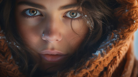 Closeup portrait of a beautiful young woman with blue eyes in a warm scarfの素材