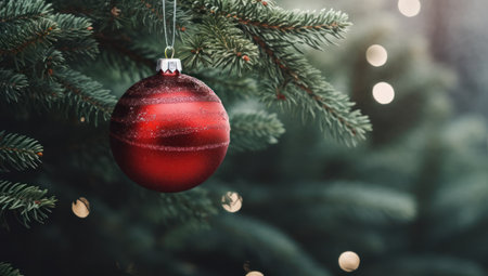 Christmas tree with red bauble on blurred bokeh background.の素材