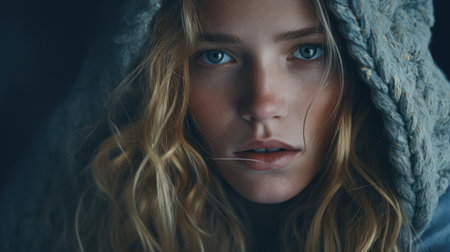 Close-up portrait of a beautiful young woman with long blond hair and blue eyes.の素材