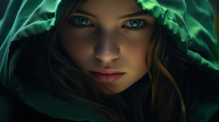 Close-up portrait of a beautiful young woman in green cloth.の素材