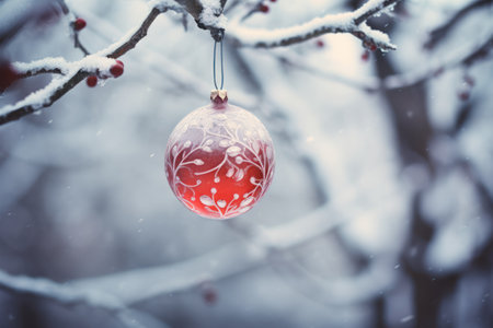 Red christmas ball hanging on a branch covered with snow in winterの素材