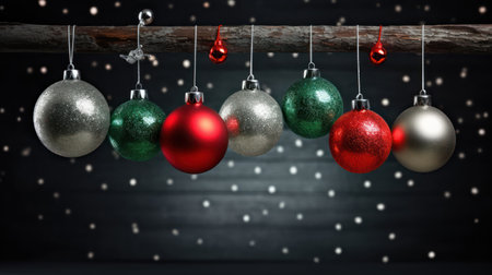 christmas baubles hanging on a branch against dark wooden backgroundの素材