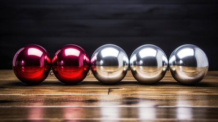 Red and silver Christmas baubles on a wooden table with copyspaceの素材