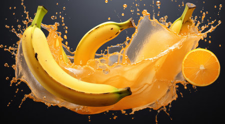 Fresh bananas with juice splash isolated on black background. 3d illustrationの素材