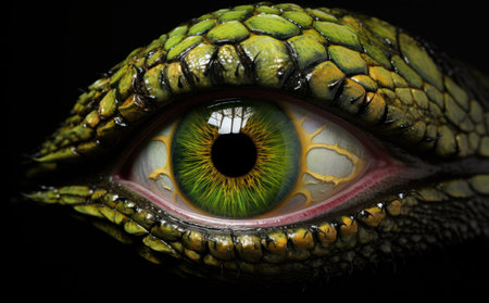 Close-up of an eye of a lizard with green irisの素材