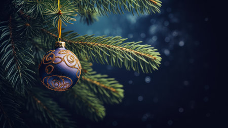 Christmas tree decoration on dark blue background with bokeh effect.の素材