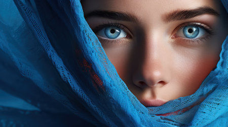 Close-up portrait of beautiful woman with blue eyes and blue scarfの素材