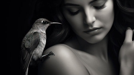 Beautiful young woman with a hummingbird on a black background.の素材