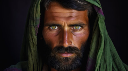 Close-up portrait of a man with a beard and a green scarfの素材