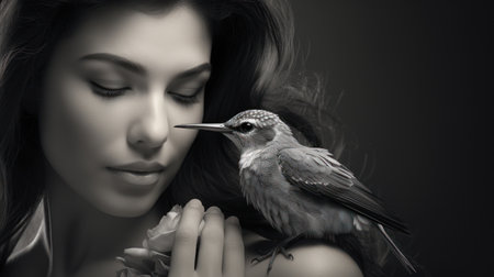 Beautiful girl with a bird in her hand. Black and white photo.の素材