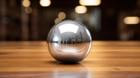Glass sphere on a wooden table with bokeh in the backgroundの素材