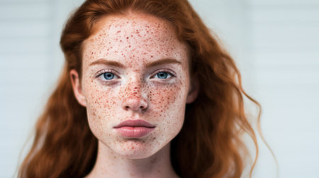 Portrait of a redhead girl with freckles on her faceの素材