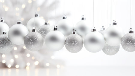 3d render of white christmas balls hanging on christmas treeの素材