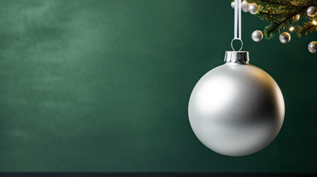 Silver christmas ball hanging on christmas tree branch with copy spaceの素材