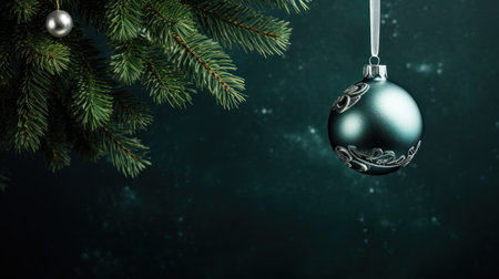 Christmas tree with baubles and chain on dark green background.の素材