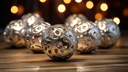 Silver Christmas baubles on a wooden table with bokeh backgroundの素材