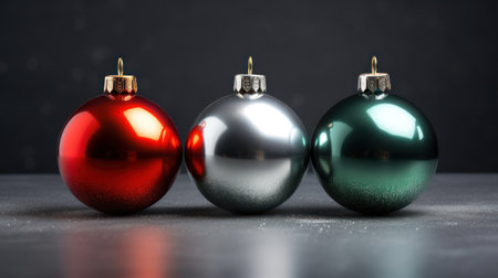 Three Christmas baubles on black background. 3D illustration.の素材