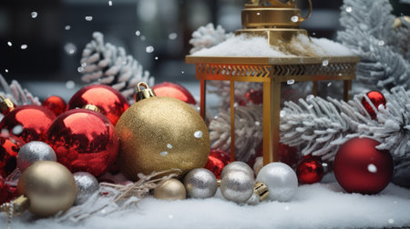 Christmas decoration with golden lantern and red and gold baubles on snowの素材