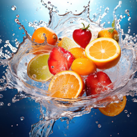 Fruit splashing in water on blue background, close-upの素材