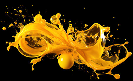 Yellow paint splash isolated on black background. 3d rendering, 3d illustration.の素材