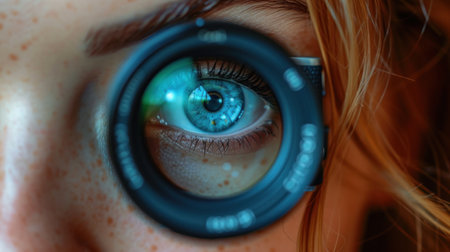 Close-up of an eye of a young woman with a camera lensの素材
