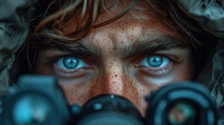Close-up portrait of a young man with binoculars.の素材