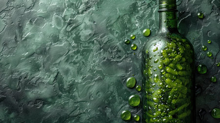 Bottle of wine with water drops on textured background, top viewの素材