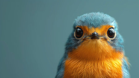 close up of a robin on a blue background with copy spaceの素材