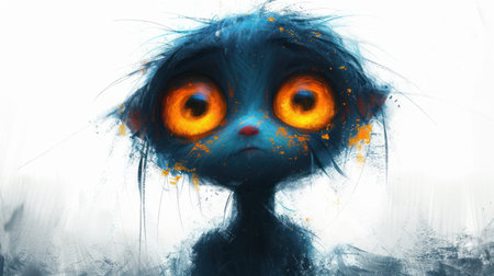 Fantasy creature with big eyes and blue hair, 3d illustrationの素材