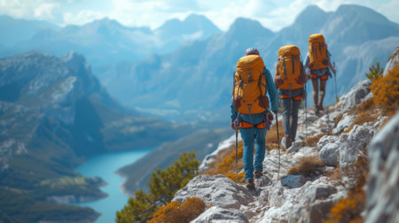 Hikers on the top of a mountain with views of Lake Gardaの素材
