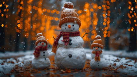 Snowman family on the background of the night city. Christmas and New Year concept.の素材