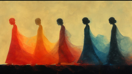 Silhouettes of women in red and blue dresses on a dark backgroundの素材