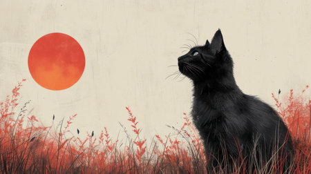 Black cat sitting in the grass with red sun on grunge backgroundの素材