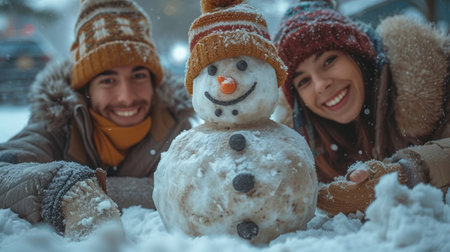 Couple in winter clothes lying on the snow and making snowmanの素材